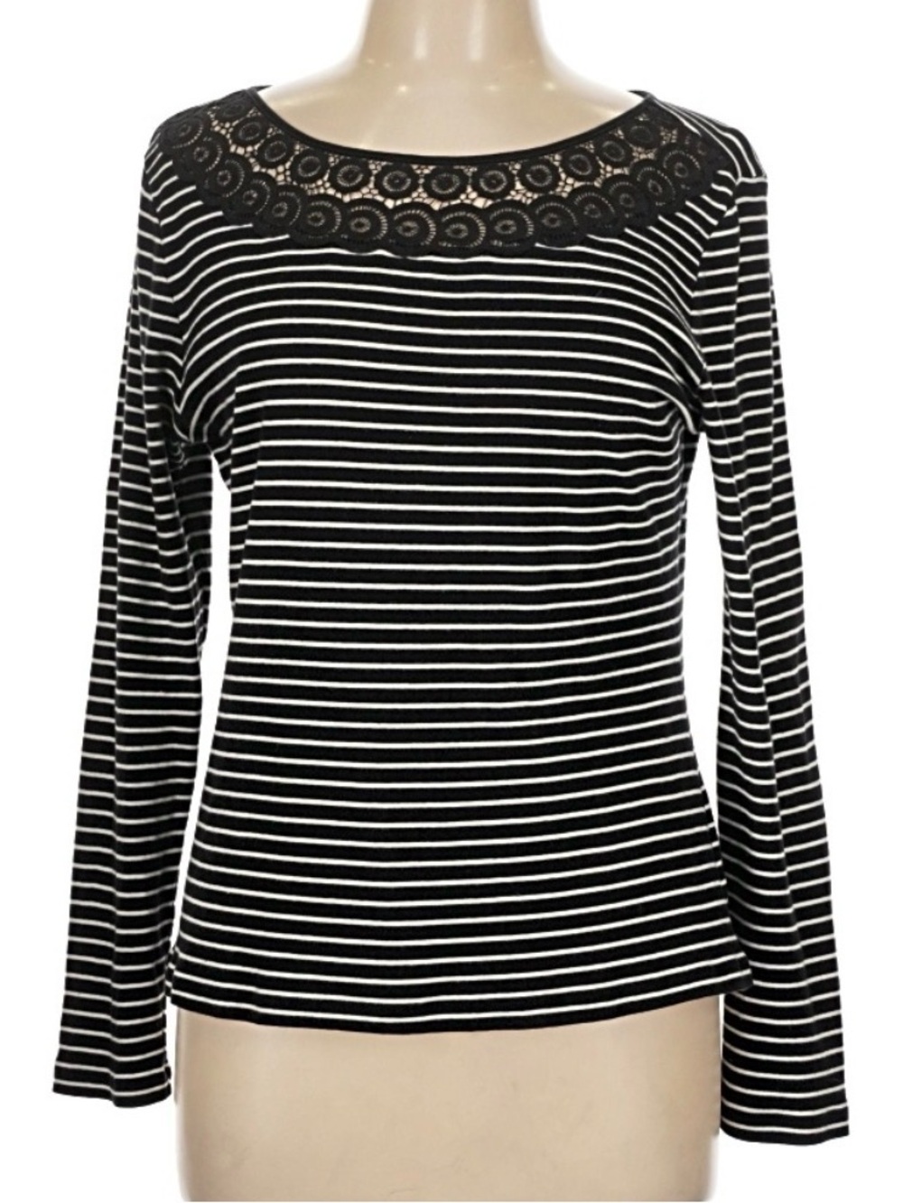 Chaps Black and White Striped Lace-Yoke Long Sleeve Top 100% cotton